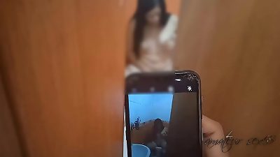 Blackmailing my stepsister with images to be able to fuck her after she is stroking in the bathroom, she asks me not to upload her photos to social networks so as not to view like a whore.