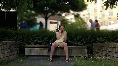 demonstrating cooch to strangers outdoor. Upskirt in public.