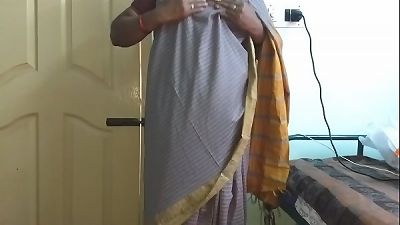 desi  indian tamil telugu kannada malayalam hindi kinky cheating wife vanitha wearing grey colour saree  displaying big knockers and shaved pussy press hard orbs press nipple caressing cootchie onanism