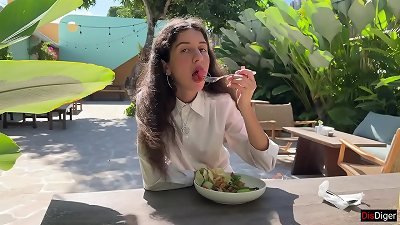 cum on a girl's face in a public cafe - She tongues lunch with cum on her face! - Cumwalk