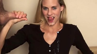 blonde cheating fellates cock and begs for a jizm facial! sloppy chat and a huge flow on Mindy aka yummymama face!