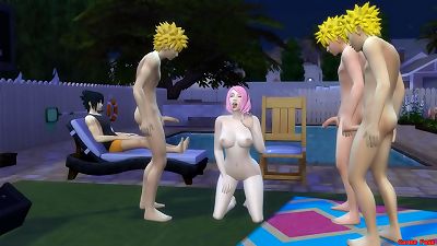 Sakura nailed by the clones of Naruto gang-fuck in front of spouse Sleeping cuckold