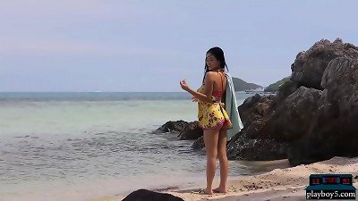 giant natural titties Thai teen bombshell Kahlisa solo striptease on the beach for Playboy