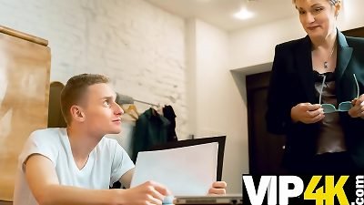 TUTOR4K. Short-haired literature teacher pounded by fellow in a few poses