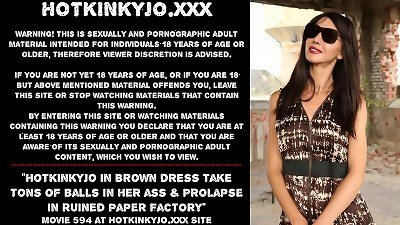Hotkinkyjo in dark-skinned dress take tons of nuts in her arse & mini-rosebud in demolished paper factory