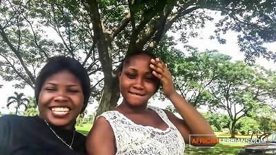 wild ebony lezzies talking sloppy in outdoor park before hookup